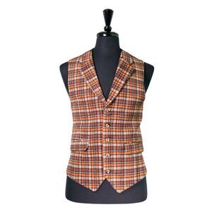 Mens Plaid Vest 42R Orange Brown Beige Wool Waistcoat Large Formal Wedding Party